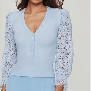 Generation Love Pastel Blue Lace-Sleeve V-Neck Top